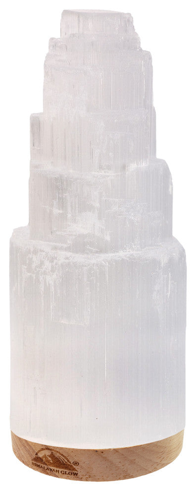 Selenite Crystal Lamp,  Includes USB Cable & Wooden Base LED Light, 7 to 9"