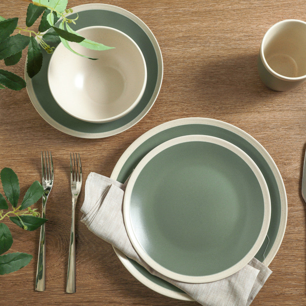 Stone Lain Serenity Stoneware 32 Piece Dinnerware Set, Green and Cream
