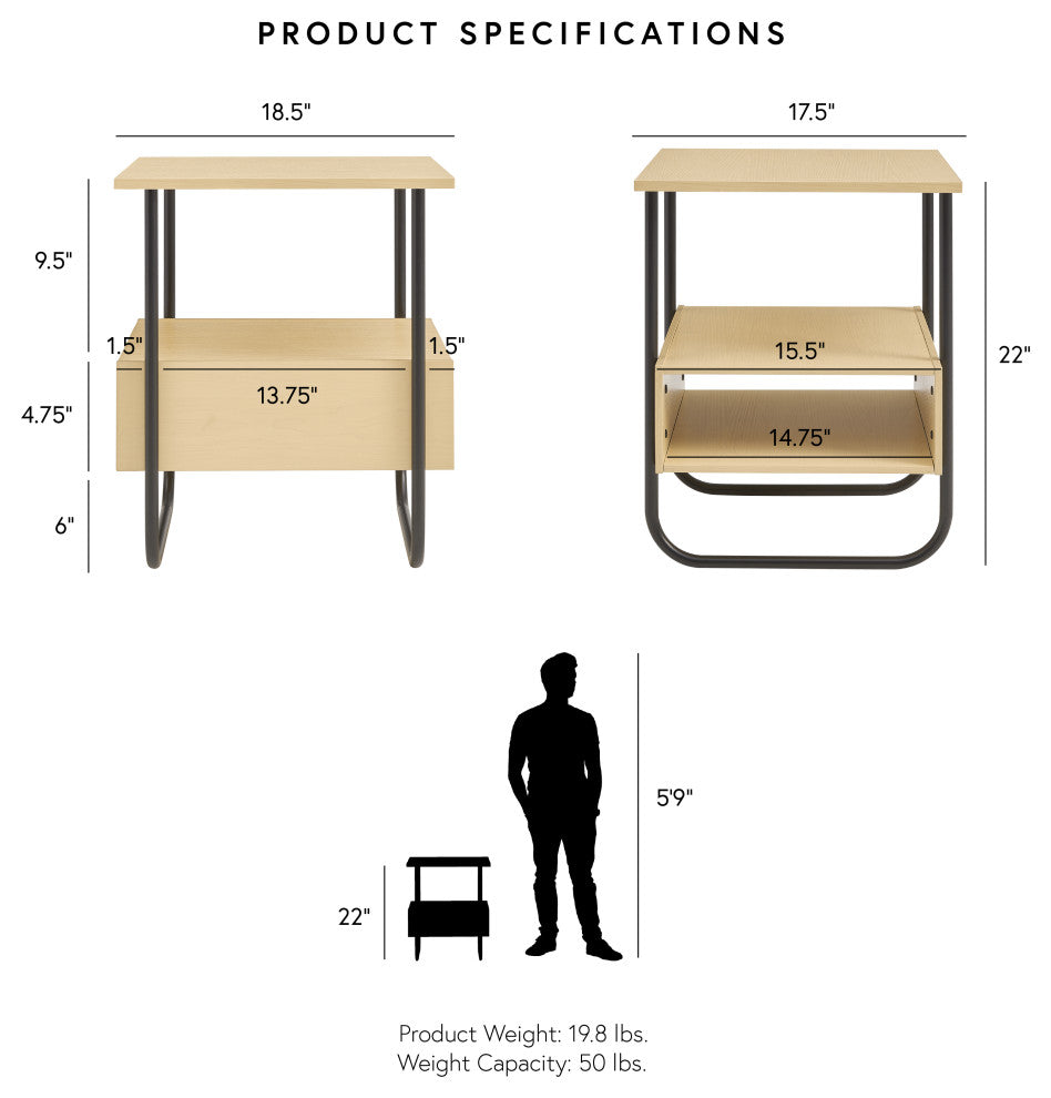 Rivo 18.5" Light Maple Rectangle End Table Open Shelf Bottom Compartment