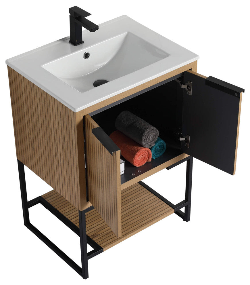 Kingsford Grooved-Look Bath Vanity, Bright Oak, White Ceramic Sink, 24", Doors