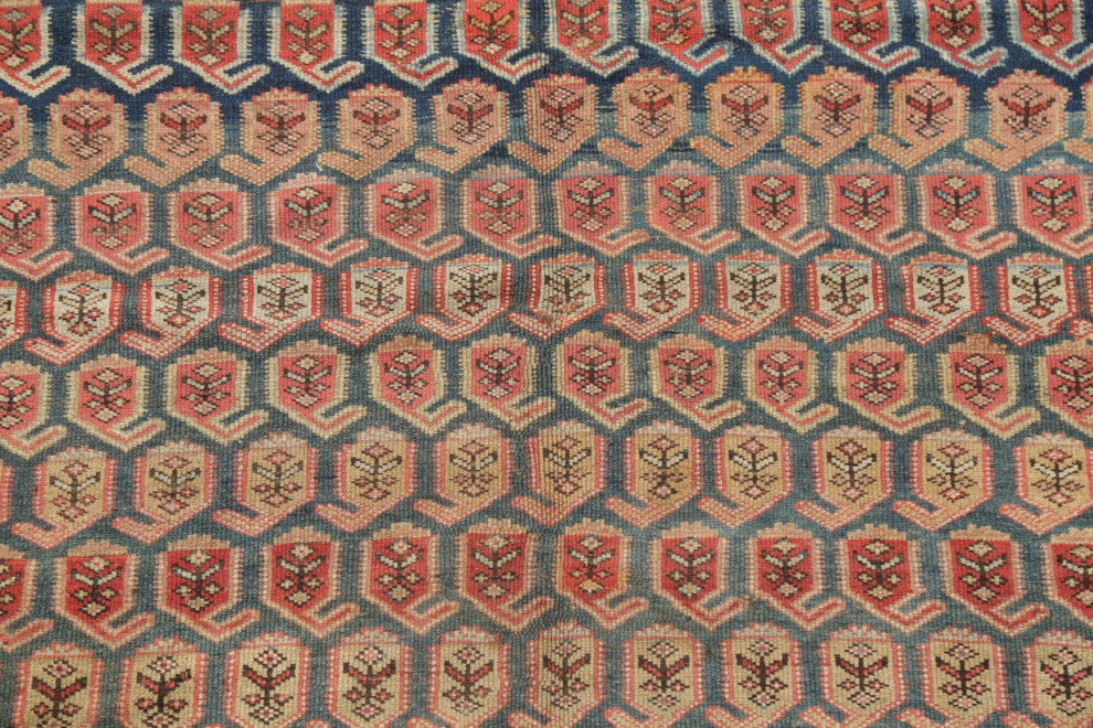 Consigned, Antique Vegetable Dye Handmade Geometric Oriental Area Rug, Blue, 5X7