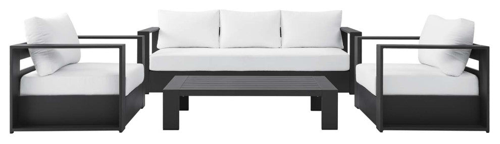 Lounge Sectional Sofa Chair Table Set, White, Aluminum, Modern, Outdoor Patio