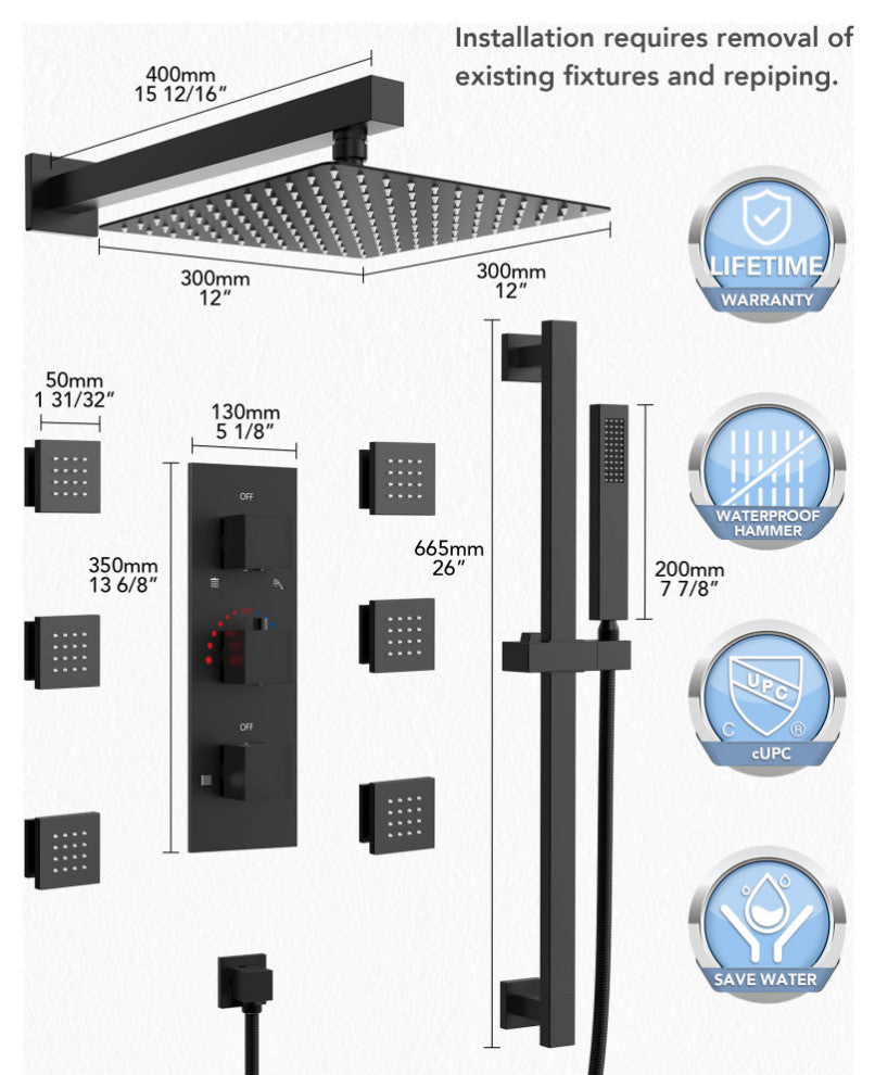 Thermostatic Shower Faucet 12" Rain Shower Head with Handheld Slide Bar System, Matte Black