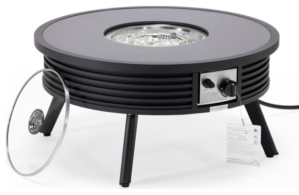 LeisureMod Walbrooke Round Fire Pit Table and Tank Holder With Slats, Black