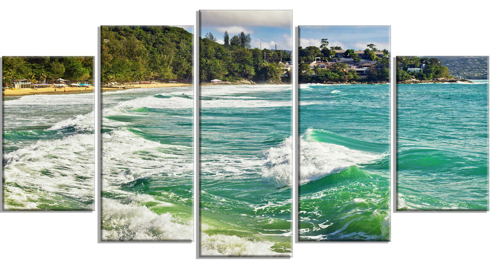 "Exotic Tropical Beach Blue Waters" Oversized Beach Wall Art, 5 Panels, 60"x32"
