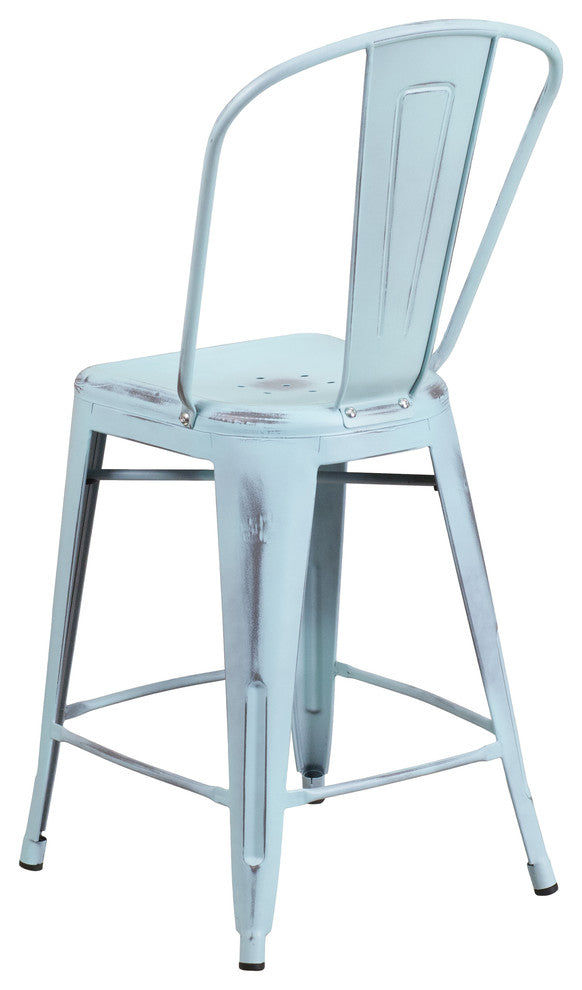 24" High Distressed Green-Blue Metal Indoor-Outdoor Counter Stool With Back