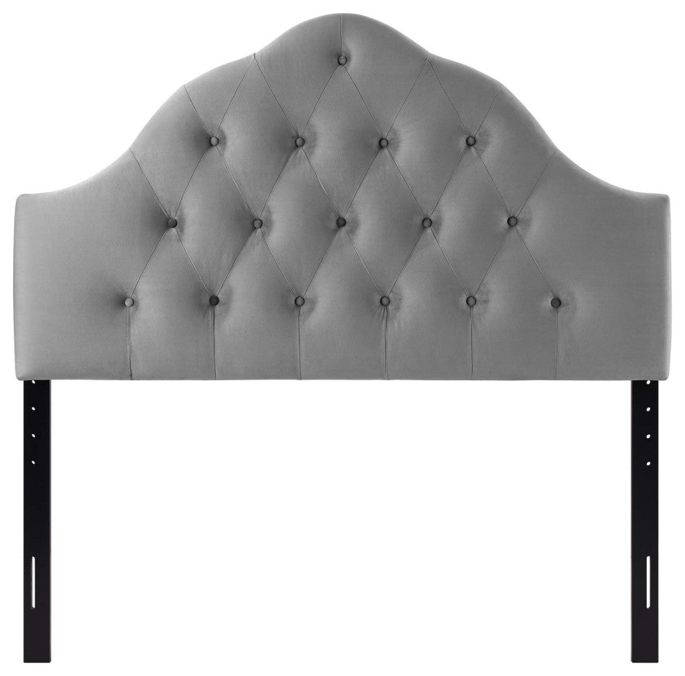 Contemporary Modern Queen Size Tufted Headboard, Velvet Fabric, Grey Gray