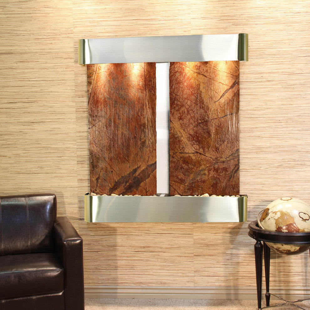 Aspen Falls Water Fountain, Brown Marble, Stainless Steel, Round