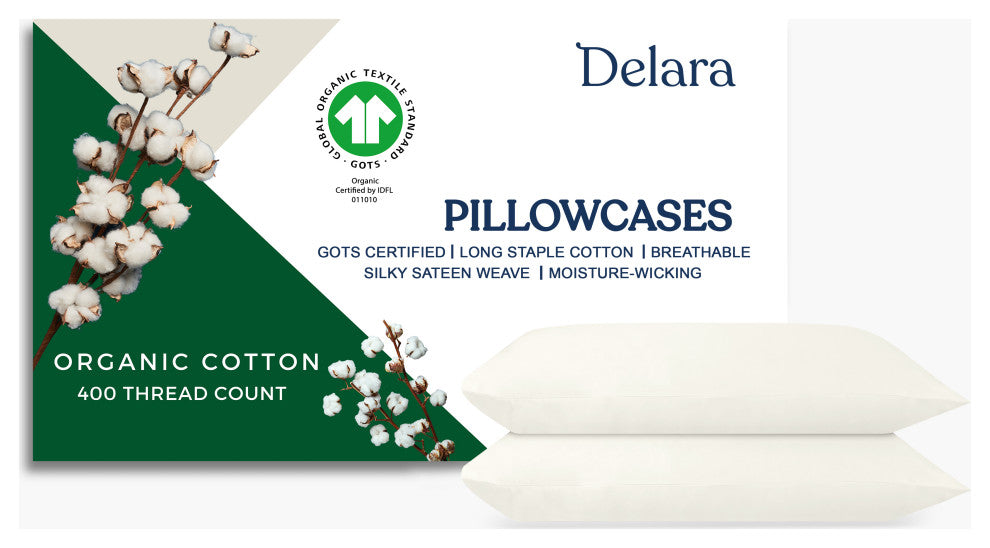Delara GOTS 100% Organic Cotton Pillowcase Set of 2 400TC, Ivory, Queen, 21"x32"