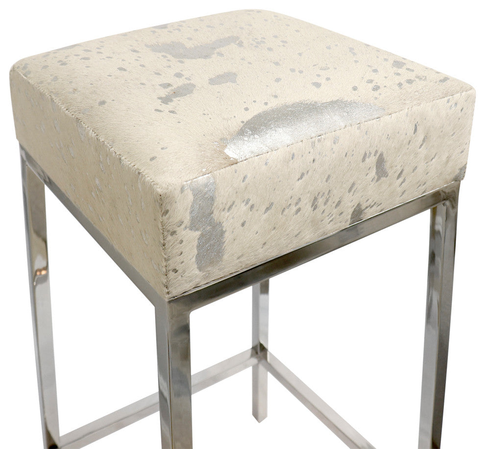 Pasargad Home Safari Cowhide Upholstered Bar Stool With Steel Legs, Silver
