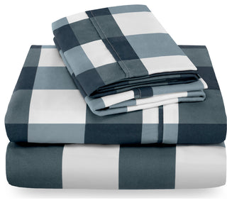 Bare Home 1800 Microfiber Sheet Set, Gingham Blue, Queen