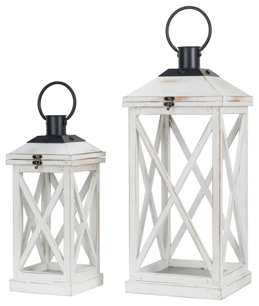 Set of 2 Farmhouse Wooden Lantern, White