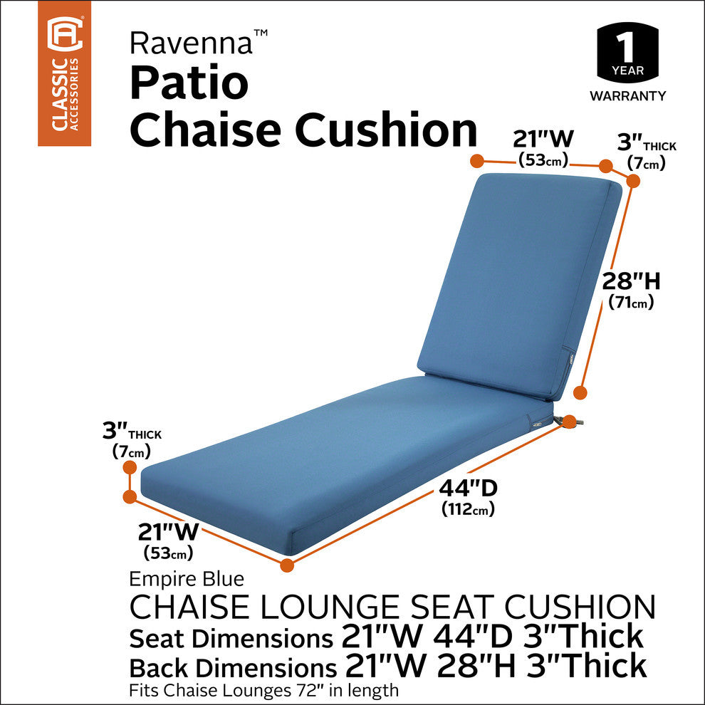 Patio Chaise Lounge Cushion Slip Cover and Foam, 72"x21"x3", Empire Blue