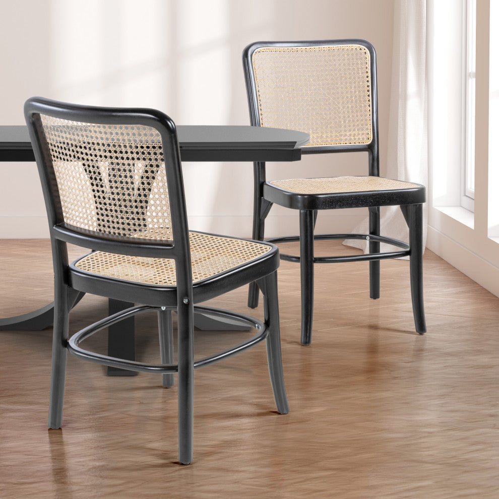 Colmar Mid-Century Vintage Wood Rattan Dining Chair, Black/Natural, Set of 2