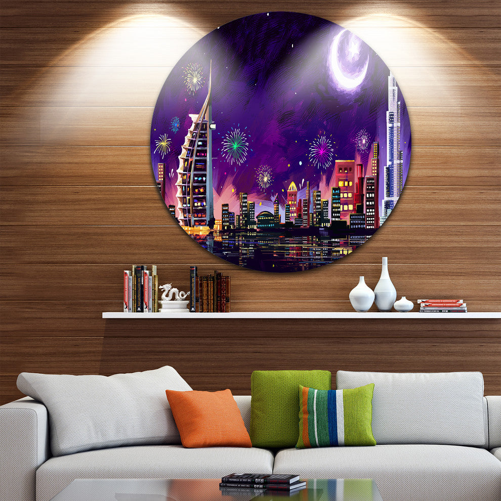 Eid Celebration In Dubai, Cityscape Digital Disc Metal Wall Art, 11"