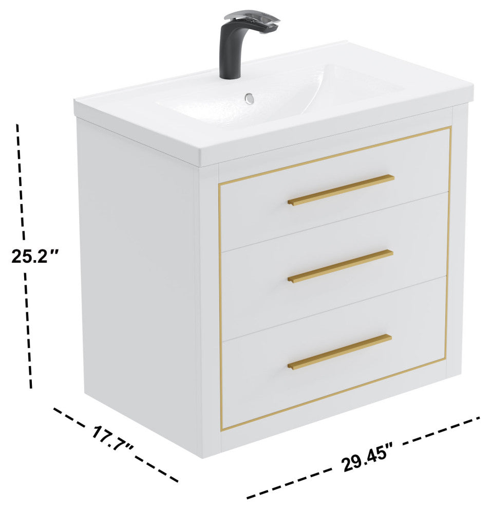 Sherwood 30" Single Vanity Set, White, Brass Trim, Floating Only