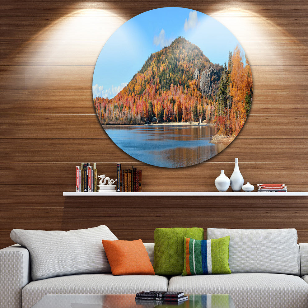 Lake And Beautiful Autumn Foliage, Landscape Disc Metal Wall Art, 11"