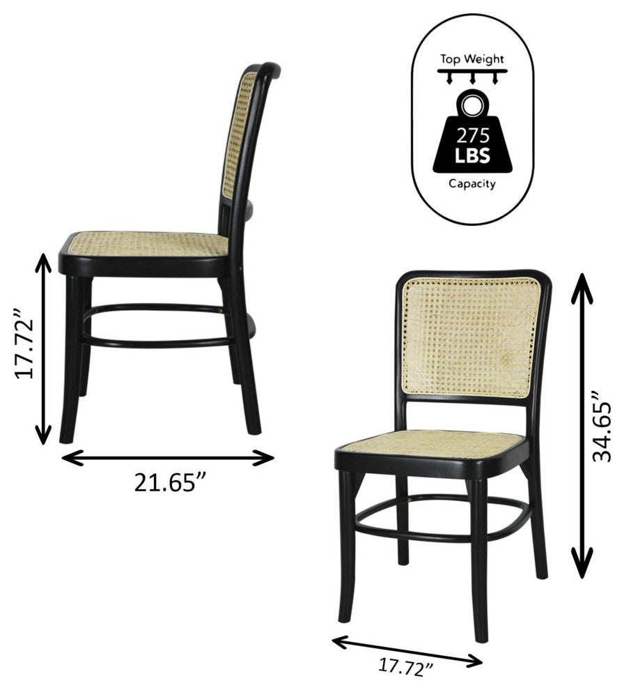 Colmar Mid-Century Vintage Wood Rattan Dining Chair, Black/Natural, Set of 2
