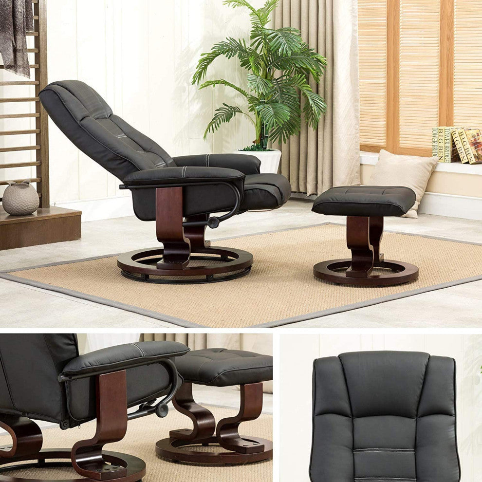 Swivel Recliner Chair with Ottoman in Faux Leather and Padded Armrests, Black