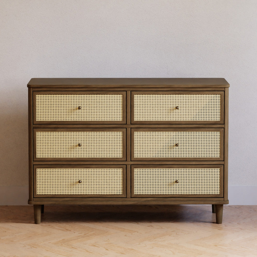 Marin With Cane 6 Drawer Assembled Dresser, Natural Walnut/Blonde Cane