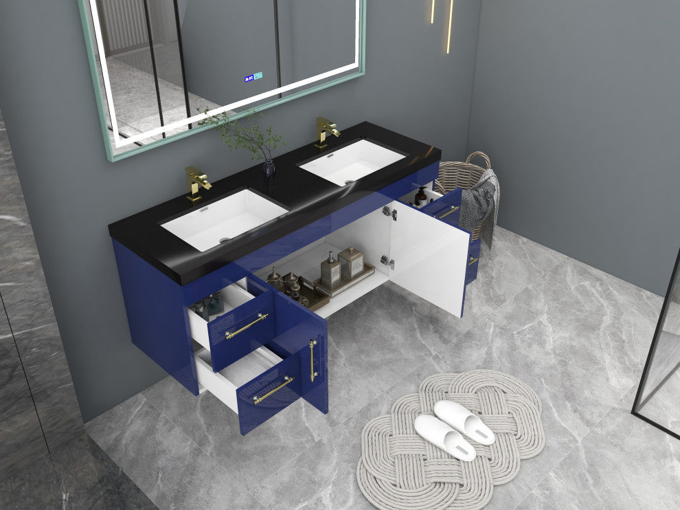 Rosa 60" Wall Mounted Modern Vanity, High Gloss Night Blue, Matt Black Top