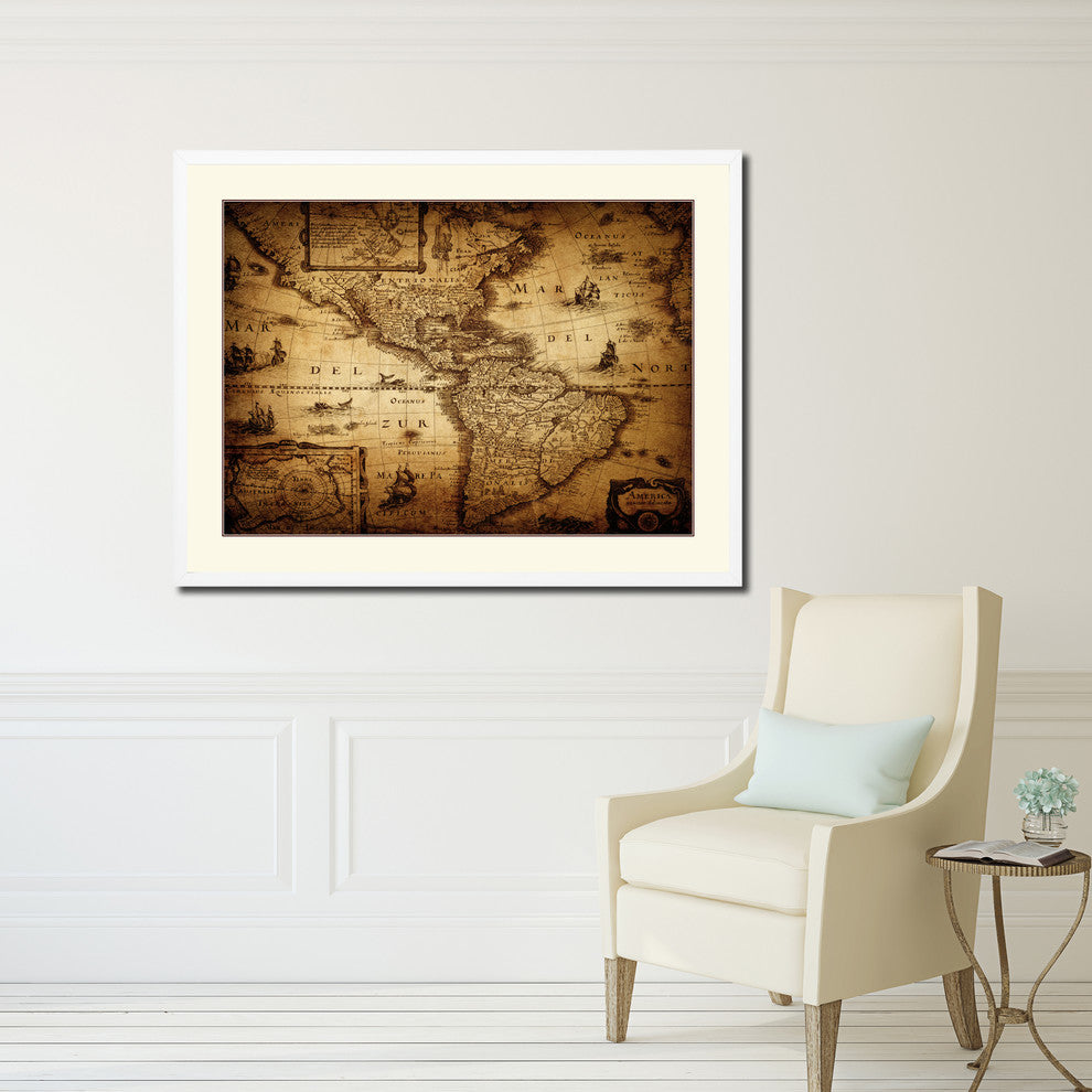 America Vintage Old Map Print On Canvas With Picture Frame 28" X 37"