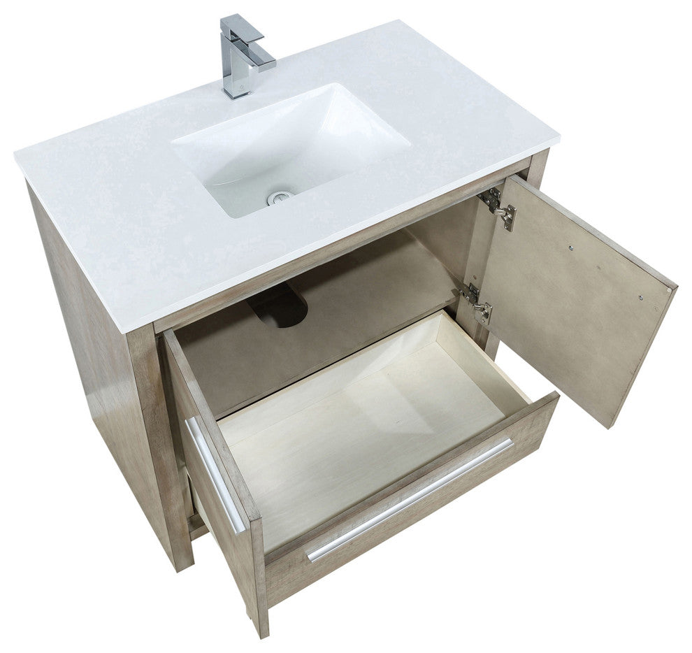 Lafarre 36 Rustic Acacia Vanity, White Quartz Top, Sink, Gun Metal Faucet Set