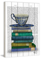 "Teacup and Books" Painting Print on White Wood, 12"x18"