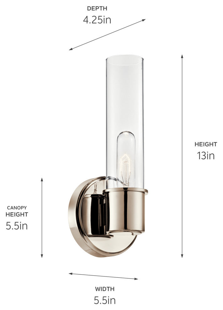 Aviv 13" 1 Light Wall Sconce With Clear Glass, Polished Nickel