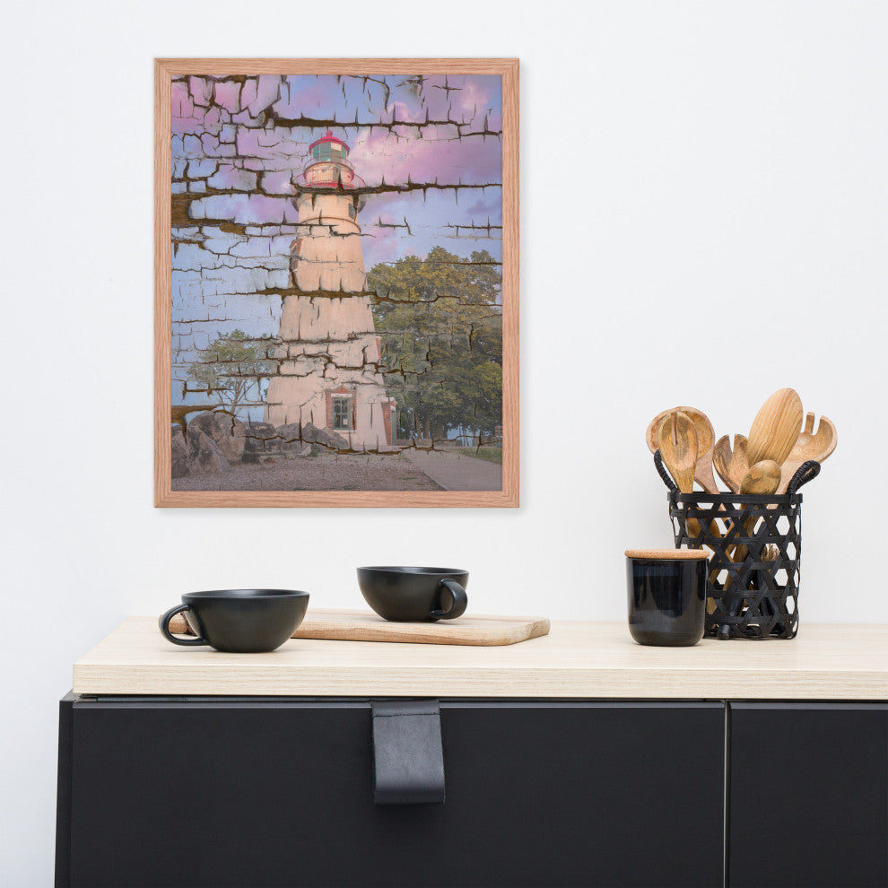Faux Wood Texture Marblehead Lighthouse at Sunset Framed Photo Wall Art Print, Red Oak, 16" X 20"