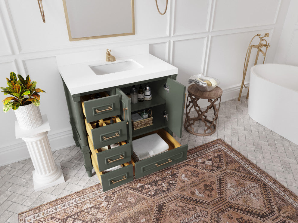 Aberdeen 36 Center Sink Bath Vanity in Pewter Green 2" Carrara Quartz
