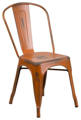 Distressed Metal Indoor Stackable Chair, Orange, 17.75"x20"x33.50"