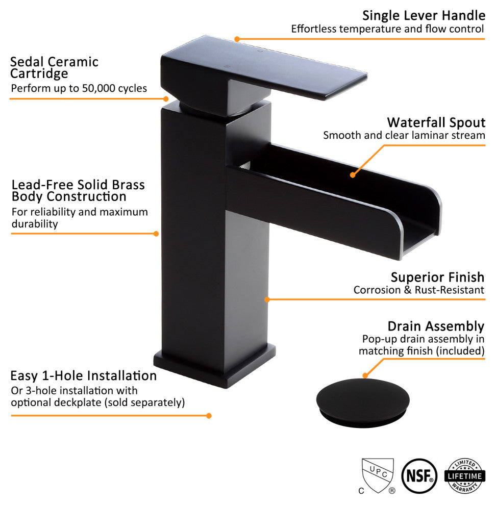 Modern Single Handle One Hole Waterfall Bathroom Sink Faucet Solid Brass, Matte Black
