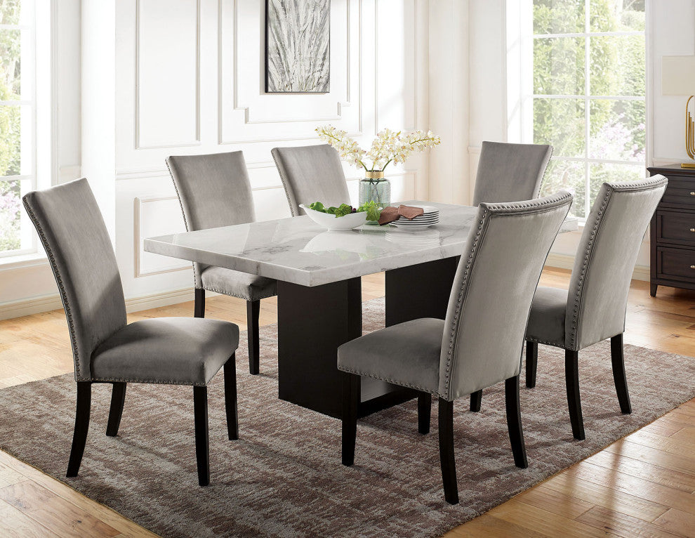 Flannelette And Wooden Side Chair Of 2 with Backrest Design, Light Gray