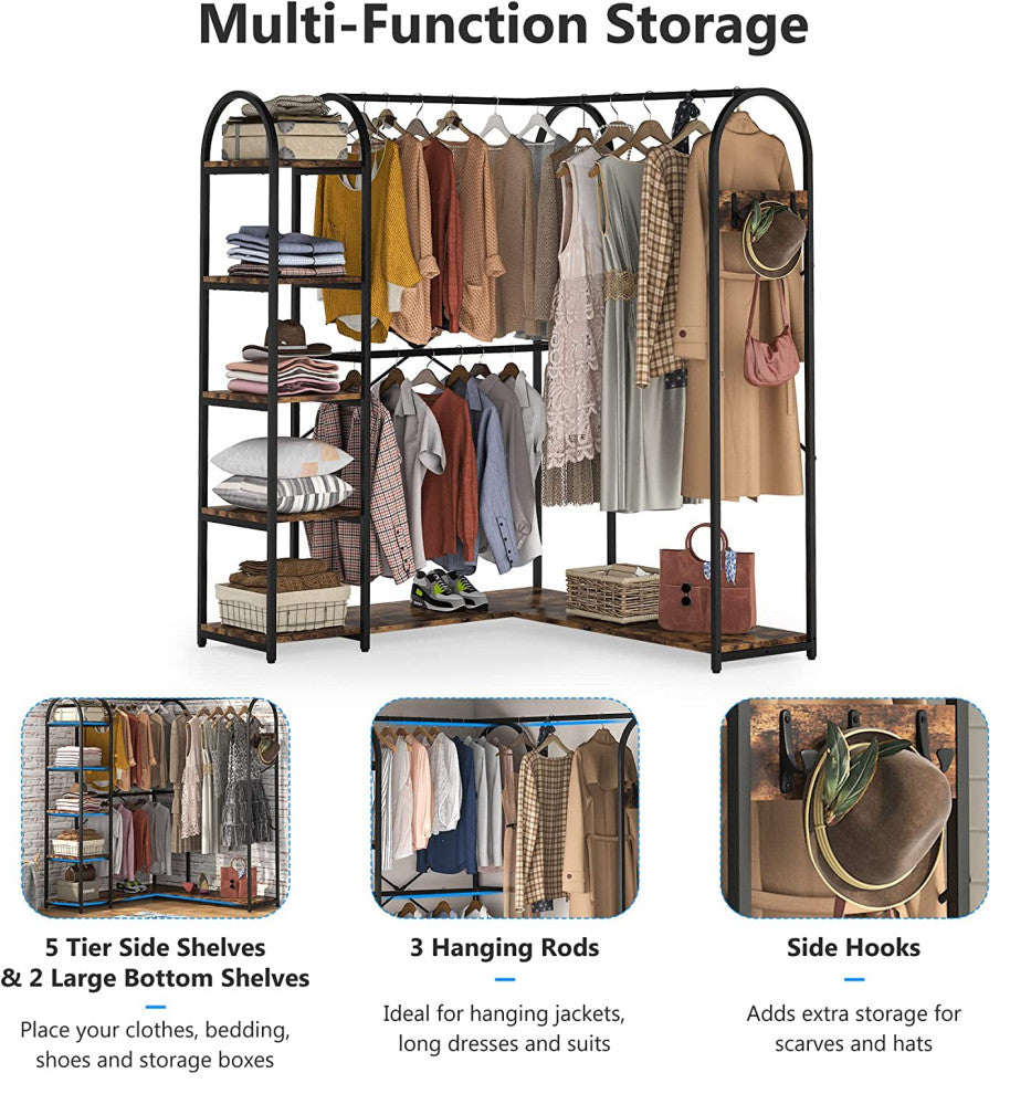 Tribesigns L Shaped Closet Organizer, Freestanding Corner Clothes Rack, Brown