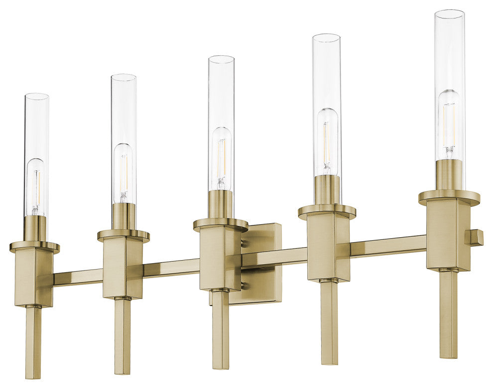 Roma 5-Light Clear Tube Glass Vanity, Champagne Gold Finish