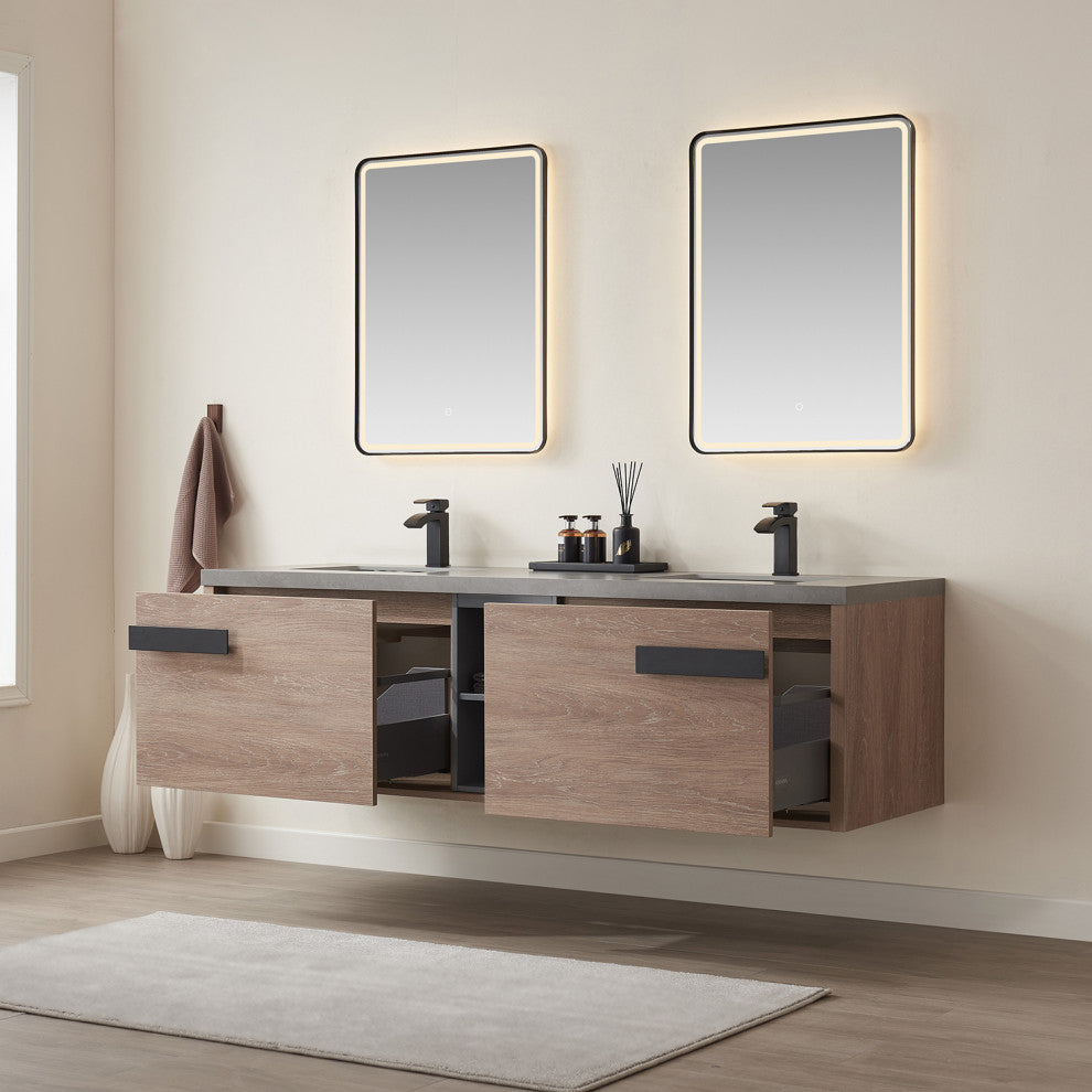 Carcastillo Bath Vanity, Oak With Sintered Stone Top, 72", With Mirror