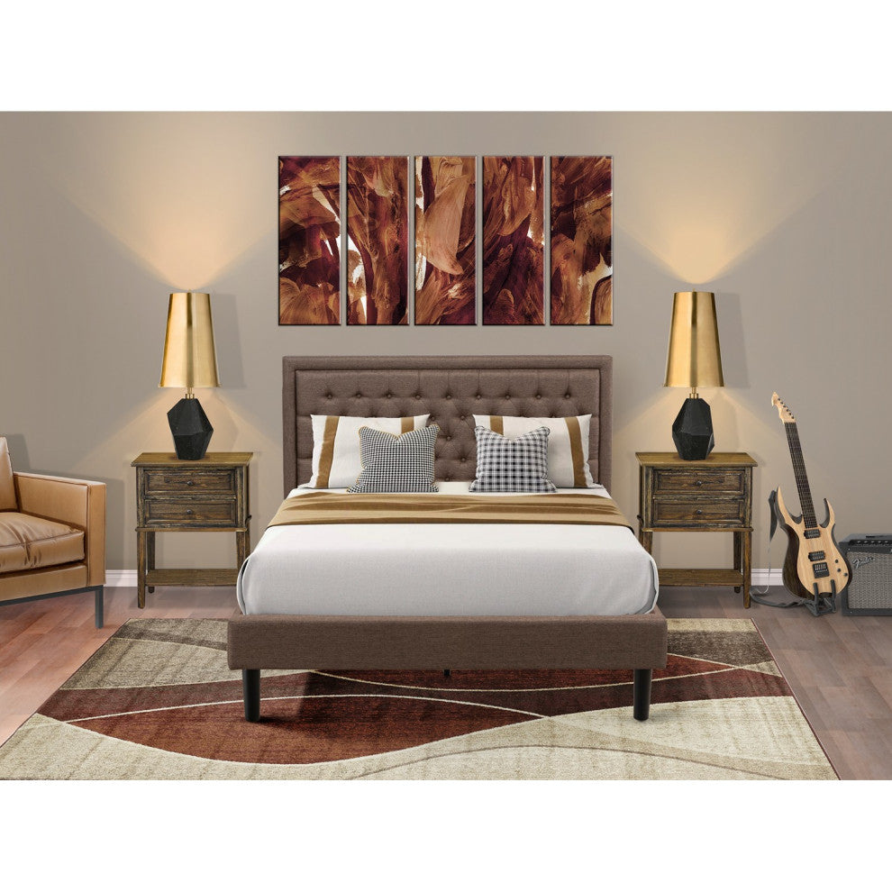 3 Pc Bed Set, 1 Bed Frame Brown, Headboard, 2 Small Nightstand,S Black Legs
