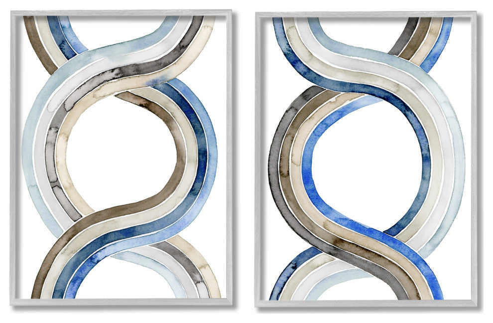 Two Dimensional Spiral Helix Brown Blue Abstract Lines,2pc, each 16 x 20