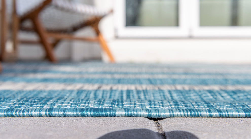 Unique Loom Aqua Blue Striped Outdoor Area Rug, Aqua Blue, Gray, 4' X 4'