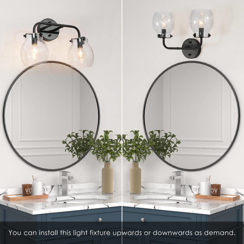 LALUZ 2 Light Matte Black Modern Bathroom Vanity Light with Globe Seeded Glass