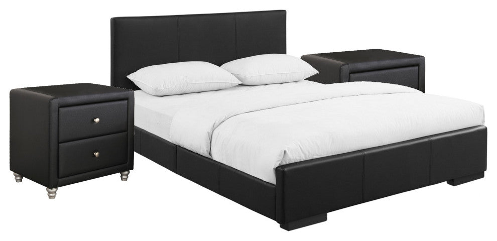 Black Upholstered Platform King Bed With Two Nightstands