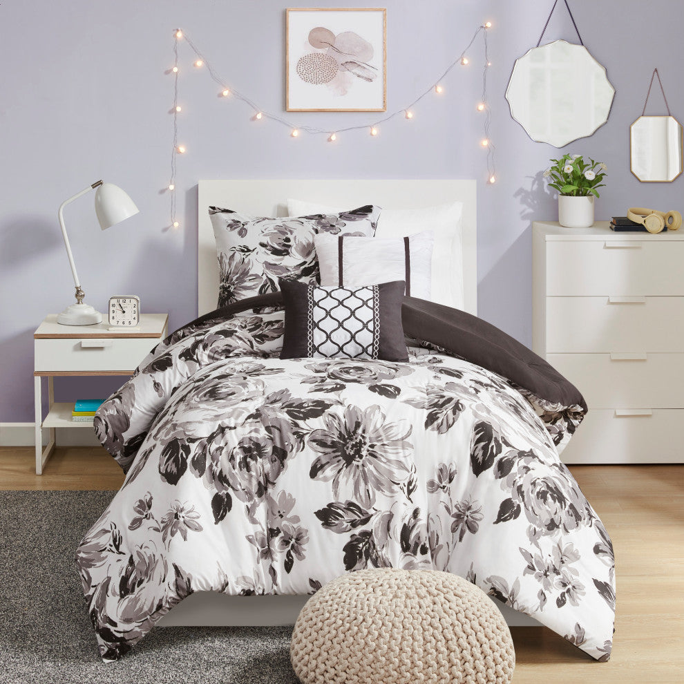 Intelligent Design Dorsey Black and White Floral Comforter Set