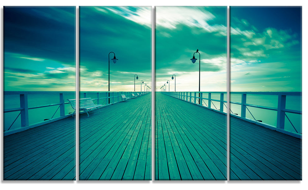 Blue Seascape With Wooden Pier, Bridge Canvas Art Print, 48"x28", 4 Panels