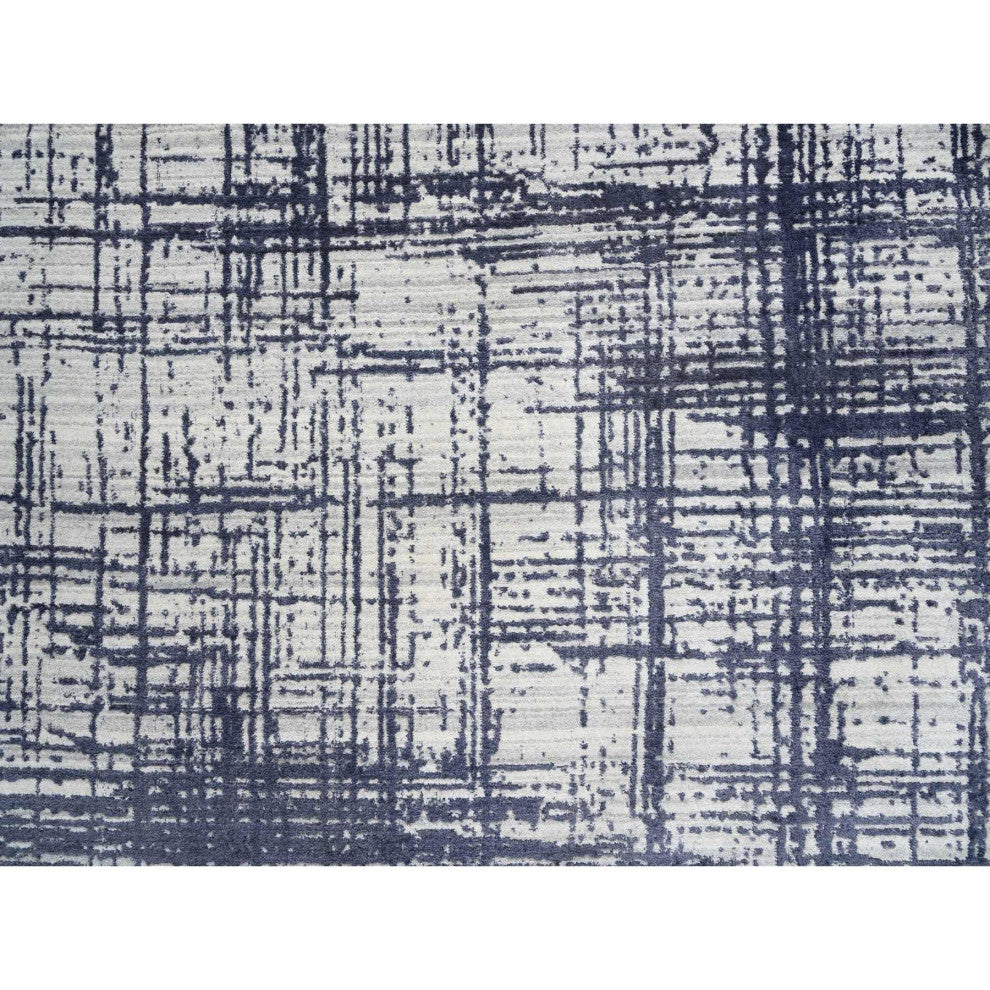 Black, Modern Erased Lines Design, Wool and Silk Hand Loomed Rug, 10'0"x13'9"