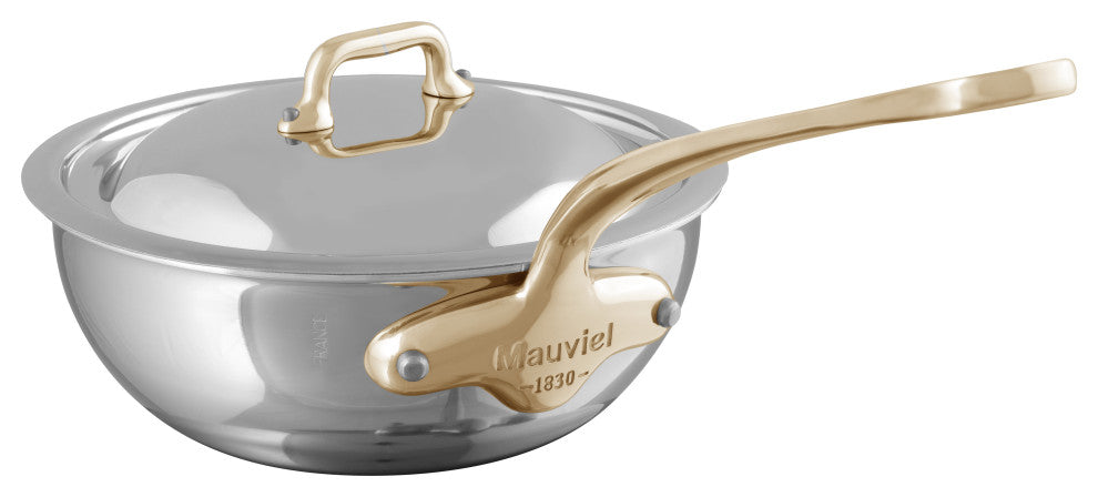 Mauviel M'Cook B Curved Splayed Saute Pan With Lid & Brass Handle, 2.1-qt