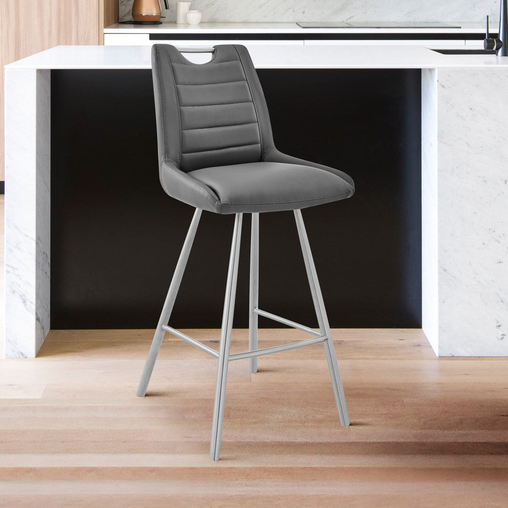 26" Gray Faux Leather and Brushed Stainless Steel Counter Stool