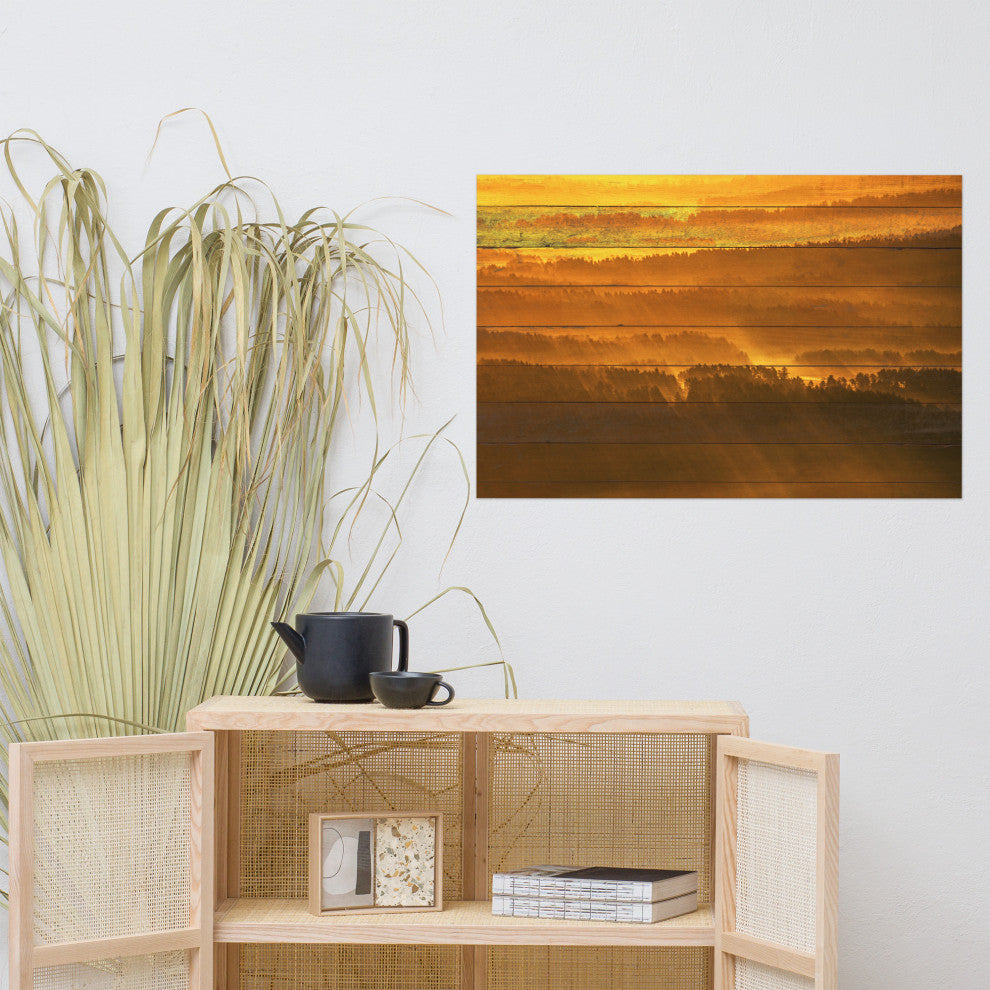 Faux Wood Golden Mist Valley - Hills & Mountain Range Wall Art Prints, 24" X 36"