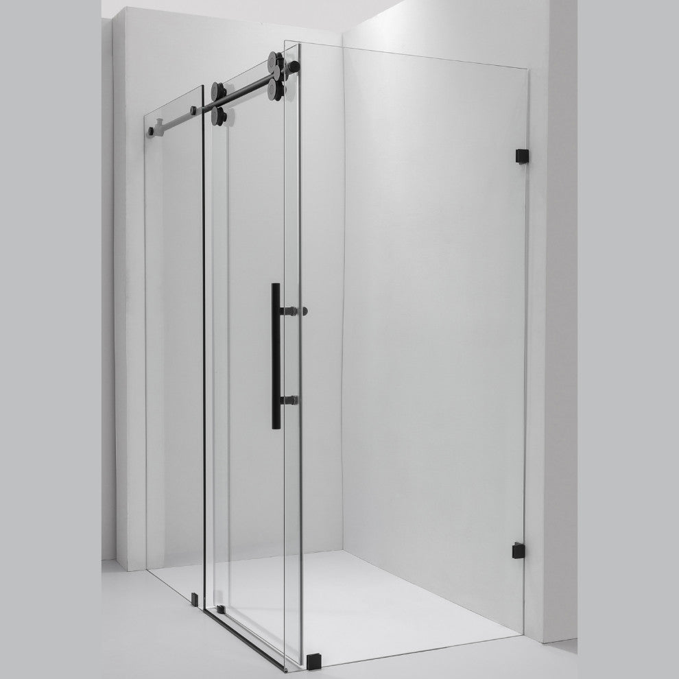 Villena Rectangle Single Sliding Frameless Shower Enclosure, Matte Black, 60"