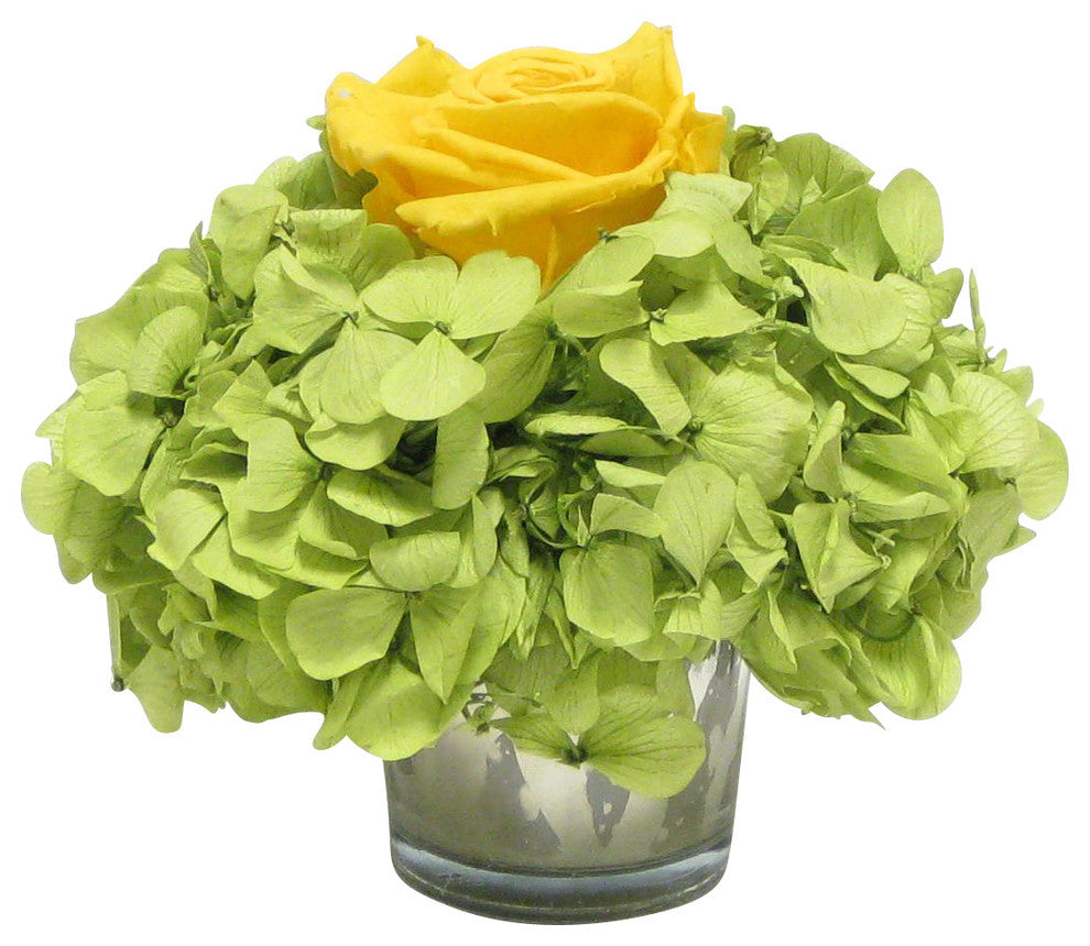 Mercury Glass Votive, Yellow Rose and Basil Hydrangea